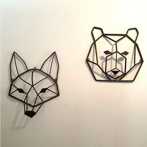 2 Cast Iron Geometric Fox And Bear Face Wall Hanging Metal Head Brown set of two